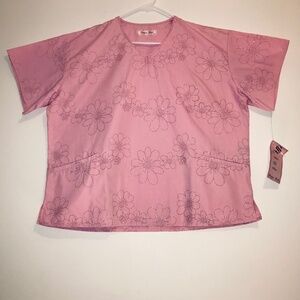 NWT Superstar XL Pink V Neck Scrubs Rhinestone Flower Valentine’s Day Vintage